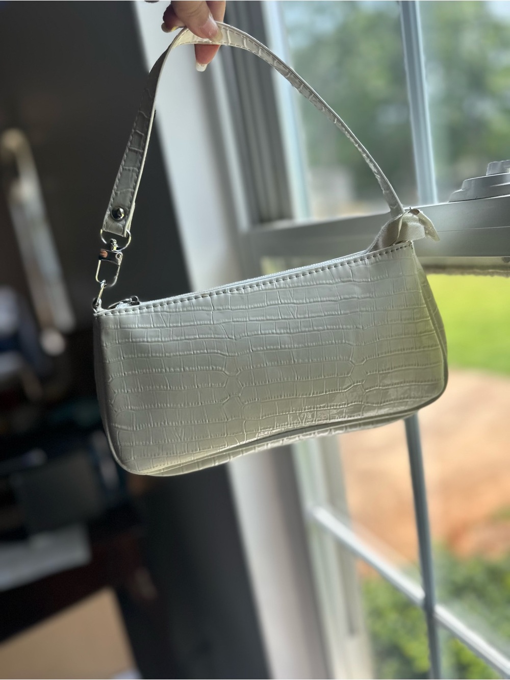 Classic Croc-Textured White Shoulder Bag